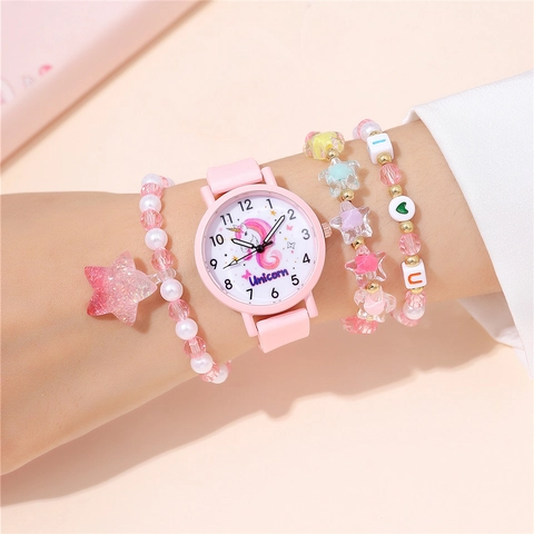 Cute Unicorn Kids Quartz Watch With Beaded Bracelets Analog Silicone Strap For Girls Student Casual Accessory