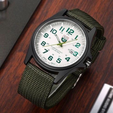 Men Military Sport Quartz Watch With Calendar And Nylon Strap Tactical Outdoor Style Luminous Dial Round Alloy Case