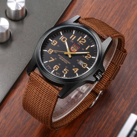 Men Military Sport Quartz Watch With Calendar And Nylon Strap Tactical Outdoor Style Luminous Dial Round Alloy Case