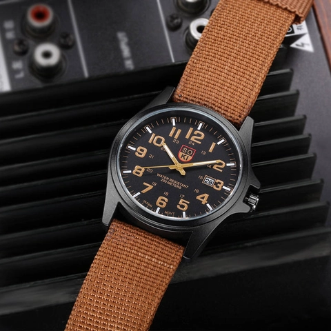 Men SOKI Military Quartz Watch Canvas Nylon Strap Date Display Arabic Numerals Sport Wristwatch 24 Hour Indicator