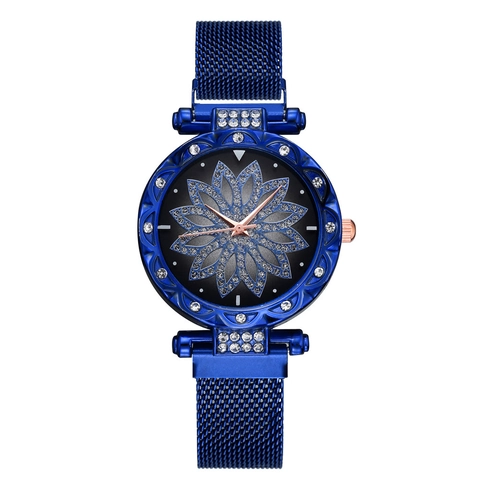 Women Quartz Watch Fashion Rhinestone Flower Dial Milanese Mesh Strap Magnetic Buckle Elegant Luxury Floral Wristwatch