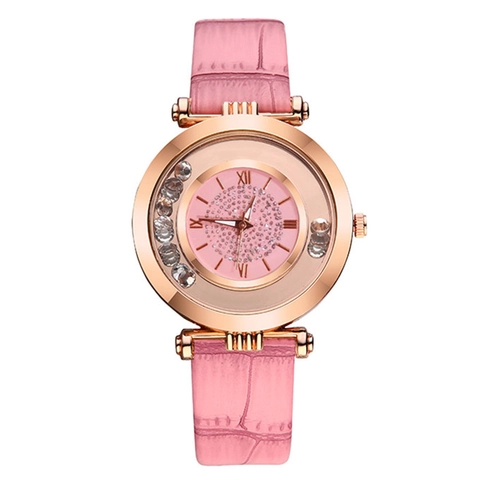 Women Fashion Quartz Watch Moving Crystals Dial Sparkly Rhinestones Crocodile Pattern Leather Strap Roman Numerals