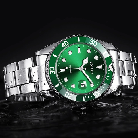 Men Quartz Watch Fashion Sport Analog Display Date Calendar Rotating Bezel Alloy Case Stainless Steel Strap Diver Style