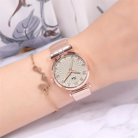 Womens Fashion Quartz Watch Elegant Rose Gold Stainless Steel Mesh Strap Sunray Pattern Floral Dial Analog Wristwatch