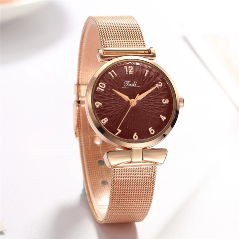 Womens Fashion Quartz Watch Elegant Rose Gold Stainless Steel Mesh Strap Sunray Pattern Floral Dial Analog Wristwatch