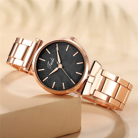 Women's Quartz Watch Rose Gold Stainless Steel Mesh Strap Elegant Leaf Pattern Dial Fashion Casual Round Wristwatch