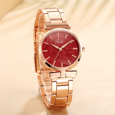 Women's Quartz Watch Rose Gold Stainless Steel Mesh Strap Elegant Leaf Pattern Dial Fashion Casual Round Wristwatch