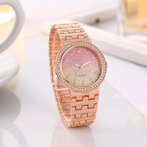 Orologio Al Quarzo Da Donna Alla Moda Cinturino In Lega Metallo Strass Quadrante Glitter Sfumato Display Analogico Elegante