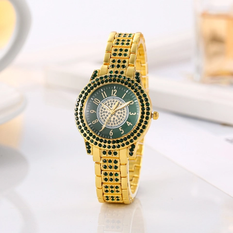 Women Quartz Watch Luxury Rhinestone Encrusted Alloy Strap Arabic Numerals Casual Analog Wristwatch Elegant