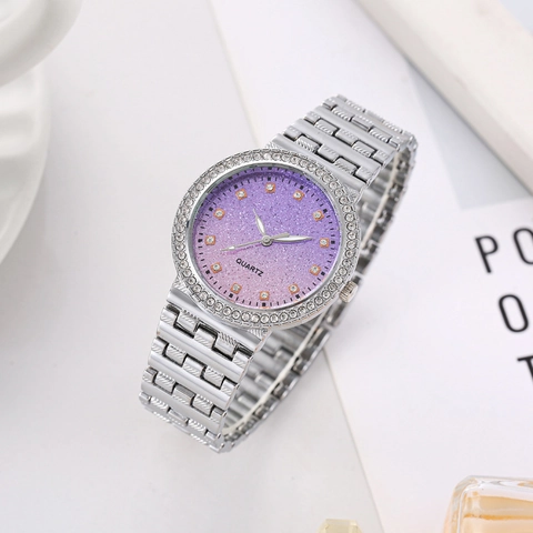 Orologio Al Quarzo Da Donna Alla Moda Cinturino In Lega Metallo Strass Quadrante Glitter Sfumato Display Analogico Elegante