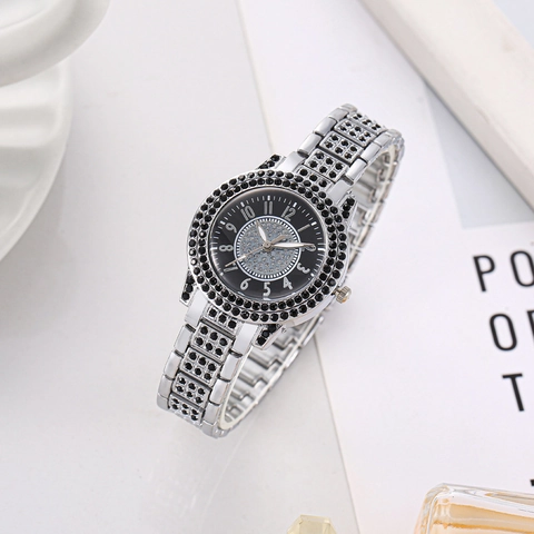 Women Quartz Watch Luxury Rhinestone Encrusted Alloy Strap Arabic Numerals Casual Analog Wristwatch Elegant
