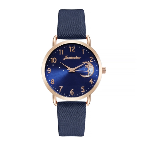Women Quartz Watch Alloy Case PU Leather Strap Star Moon Pattern Round Dial Casual Fashion Simple Wristwatch