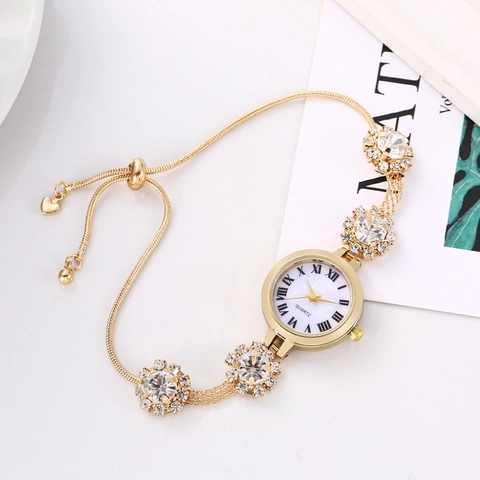 Women Bracelet Watch Rhinestone Flower Alloy Roman Numerals Adjustable Pull Chain Elegant Quartz Wristwatch For Ladies Heart Charm Ornament