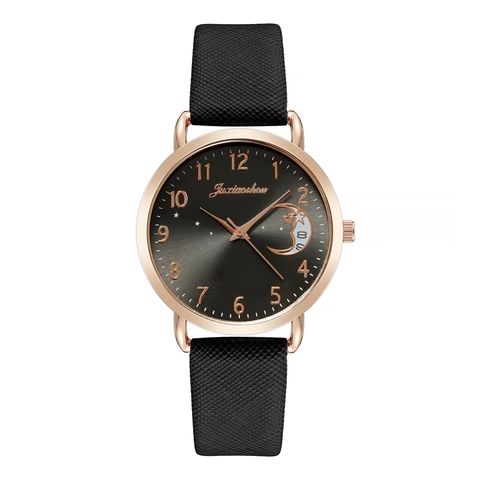Women Quartz Watch Alloy Case PU Leather Strap Star Moon Pattern Round Dial Casual Fashion Simple Wristwatch