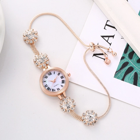 Women Bracelet Watch Rhinestone Flower Alloy Roman Numerals Adjustable Pull Chain Elegant Quartz Wristwatch For Ladies Heart Charm Ornament
