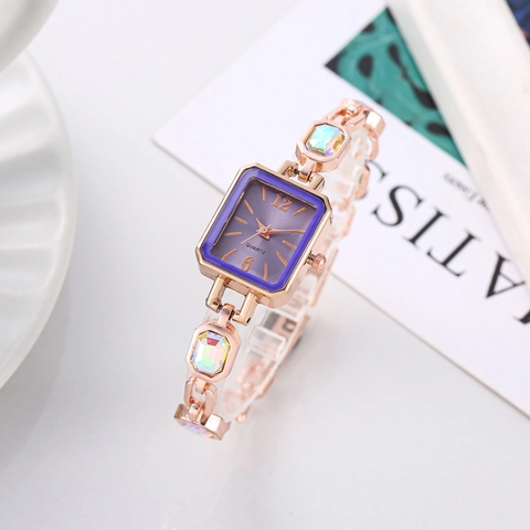 Orologio Al Quarzo Da Donna Quadrante Quadrato Bracciale In Lega Con Pietre Preziose Artificiali Colorate Vintage Elegante