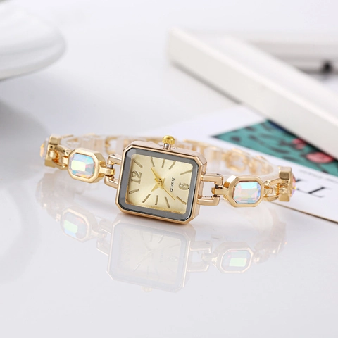 Orologio Al Quarzo Da Donna Quadrante Quadrato Bracciale In Lega Con Pietre Preziose Artificiali Colorate Vintage Elegante