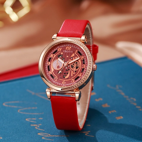 Orologio Scheletrato Da Donna Quadrante Cavo Orologio Al Quarzo Cassa In Lega Cinturino In Pelle PU Strass Moda Elegante