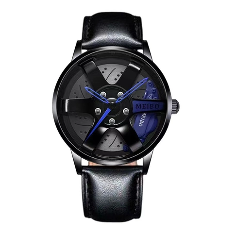 Men Quartz Watch Leather Strap Alloy Case Sports Car Wheel Hub Design Hollow Industrial Fashion Wristwatch