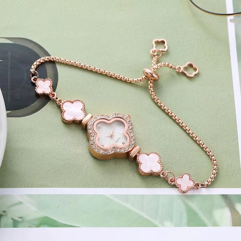 Orologio Da Polso Da Donna Forma Quadrifoglio Lega Oro Rosa Strass Conchiglia Regolabile Quarzo Stile Elegante