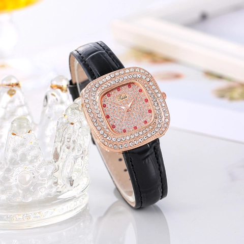 Orologio Quarzo Donna Quadrato Cassa Lega Oro Rosa Quadrante Strass Cinturino Ecopelle Trama Coccodrillo Elegante
