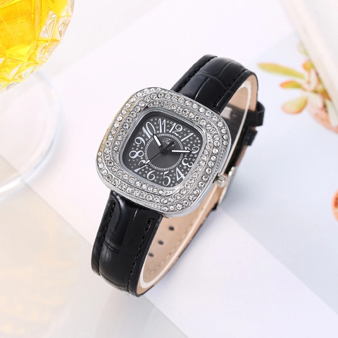 Orologio Al Quarzo Da Donna Quadrante Quadrato Con Strass Cassa In Lega Cinturino In Ecopelle Coccodrillo Elegante