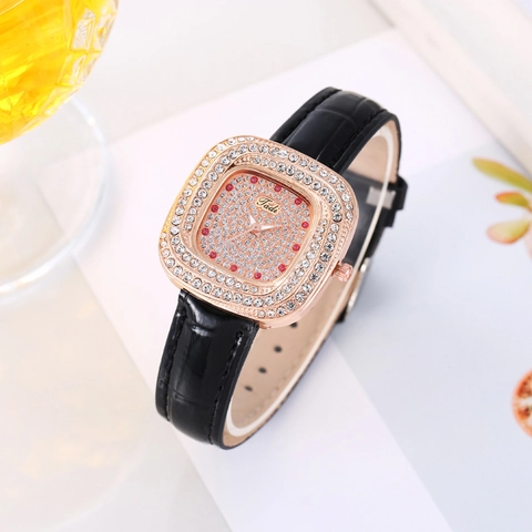 Orologio Quarzo Donna Quadrato Cassa Lega Oro Rosa Quadrante Strass Cinturino Ecopelle Trama Coccodrillo Elegante