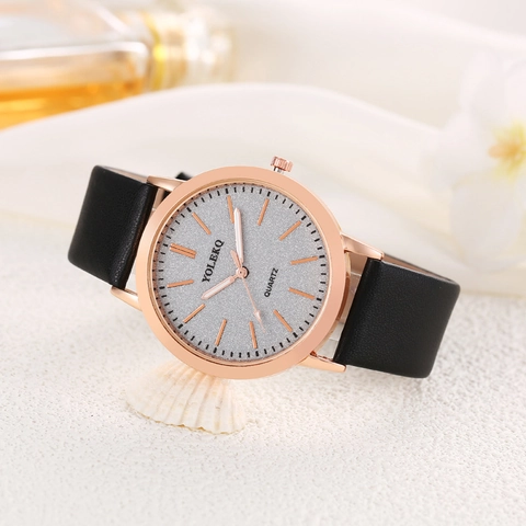 Women Quartz Wristwatch Alloy Case PU Leather Strap Glitter Starry Dial Fashion Casual Round Pointer Watch