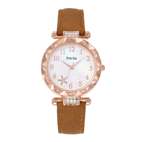 Orologio Al Quarzo Da Donna Lunetta In Strass Quadrante Floreale Cinturino In Ecopelle Cassa In Oro Rosa Numeri Arabi Casual