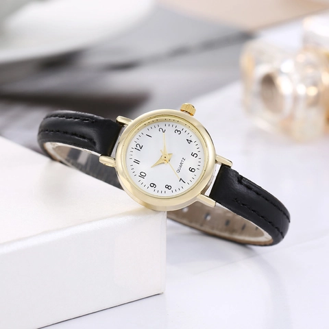 Women Quartz Watch Simple Arabic Numerals Small Round Dial Alloy Case Faux Leather Strap Casual Elegant Ladies Wristwatch