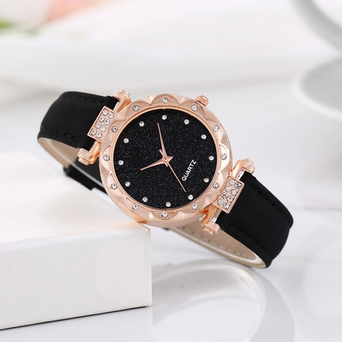 Women Quartz Watch Rose Gold Alloy Case Rhinestone Starry Sky Dial Elegant Faux Leather Strap Analog Fashion Ladies