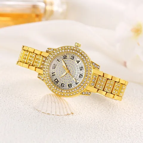 Women Quartz Watch Full Rhinestone Alloy Band Arabic Numerals Elegant Business Hip Hop Style Round Dial