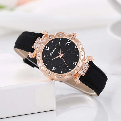 Montre Quartz Femme Strass Alliage Ciel Étoilé Cadran Rond Bracelet Cuir Chiffres Romains Mode Élégante