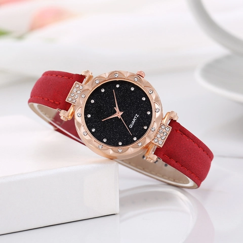Women Quartz Watch Rose Gold Alloy Case Rhinestone Starry Sky Dial Elegant Faux Leather Strap Analog Fashion Ladies