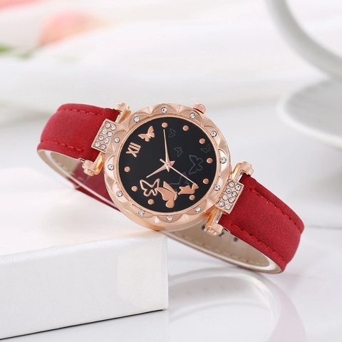 Butterfly Pattern Women Quartz Watch With Alloy Case And Faux Leather Strap Rhinestone Bezel Elegant Casual Wristwatch