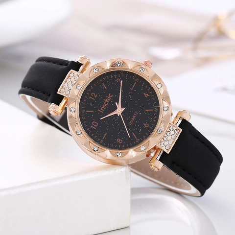Women Quartz Watch Starry Sky Dial Rose Gold Alloy Case Rhinestone Elegant Faux Leather Strap Fashion Wristwatch