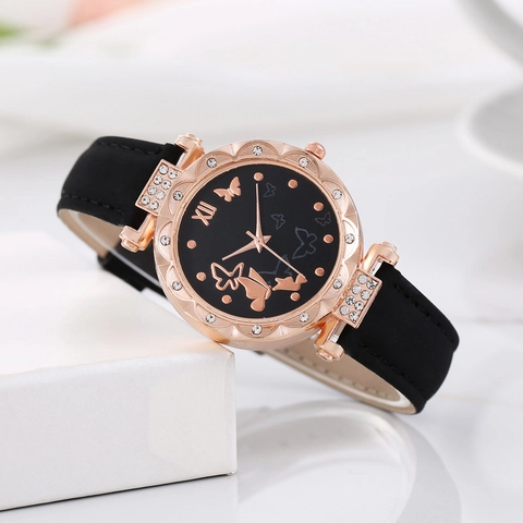 Butterfly Pattern Women Quartz Watch With Alloy Case And Faux Leather Strap Rhinestone Bezel Elegant Casual Wristwatch