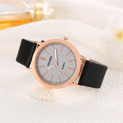 Women Quartz Wristwatch Alloy Case PU Leather Strap Glitter Starry Dial Fashion Casual Round Pointer Watch