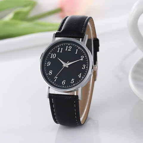 Classic Men Quartz Watch Alloy Case Faux Leather Strap Arabic Numerals Casual Business Round Dial Wristwatch