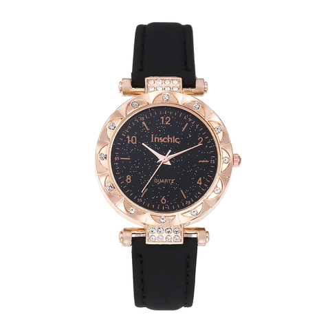 Women Quartz Watch Starry Sky Dial Rose Gold Alloy Case Rhinestone Elegant Faux Leather Strap Fashion Wristwatch