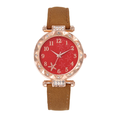 Damen Quarz Uhr Mode Lässig Strass Legierung Gehäuse Kunstleder Armband Rot Seestern Blumenzifferblatt Armbanduhr Geschenk