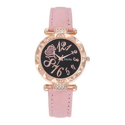 Dames Horloge Met Sterrenhemel Wijzerplaat Hartpatroon Strass Legering Kast Kunstlederen Band Mode Elegante Polshorloge