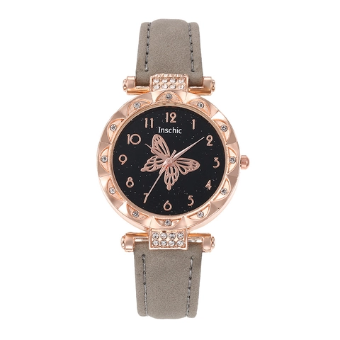 Women Quartz Watch Starry Sky Dial Butterfly Pattern Alloy Case Rhinestone Accents Faux Leather Strap Fashion Wristwatch
