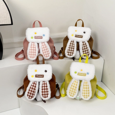 Kids Backpack Cute Bunny Ears Corduroy Plush Checkered Cartoon Toddler School Bag Adjustable Straps Kawaii Daypack