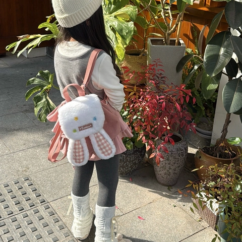 Kids Backpack Cute Bunny Ears Corduroy Plush Checkered Cartoon Toddler School Bag Adjustable Straps Kawaii Daypack