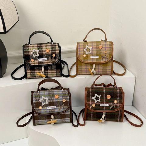 Mini Zaino Bambini Tessuto Tweed Scozzese Stile Scolastico Vintage Chiusura Alamaro Bottone Stella Borsa A Mano