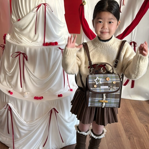 Mini Zaino Bambini Tessuto Tweed Scozzese Stile Scolastico Vintage Chiusura Alamaro Bottone Stella Borsa A Mano