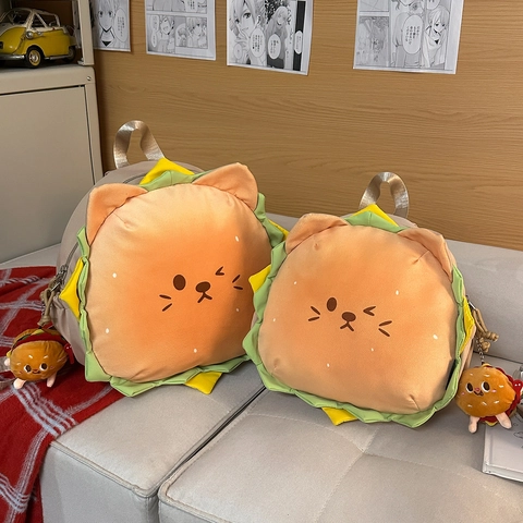 Cute Cartoon Burger Shape Plush Backpack With Cat Face Embroidery Matching Pendant Large Capacity Novelty School Bookbag