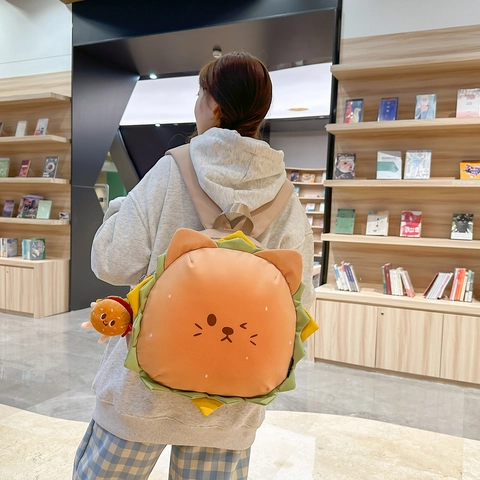 Cute Cartoon Burger Shape Plush Backpack With Cat Face Embroidery Matching Pendant Large Capacity Novelty School Bookbag