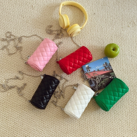 Mini Cilinder Crossbodytas Voor Kinderen PU Leer Diamant Gewatteerd Stijlvolle Kleine Schoudertas Met Zilveren Metalen Ketting